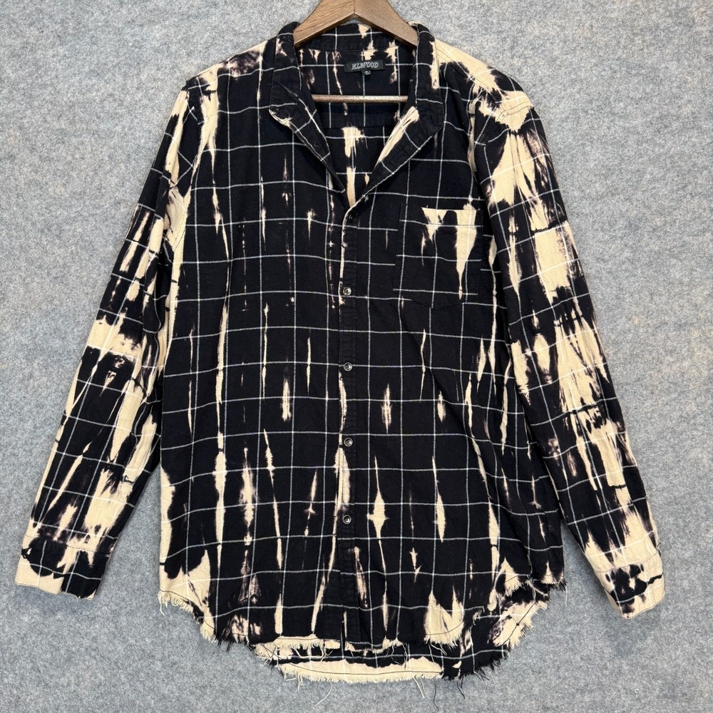 Elwood Bleach Grid Pattern Flannel Button Shirt Mens Medium‎ Raw Hem Black Beige